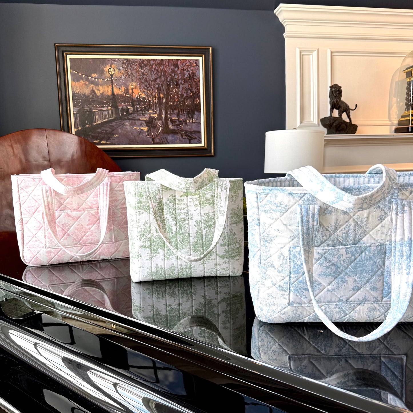 Toile de Jouy  and striped quilted Tote Bags.