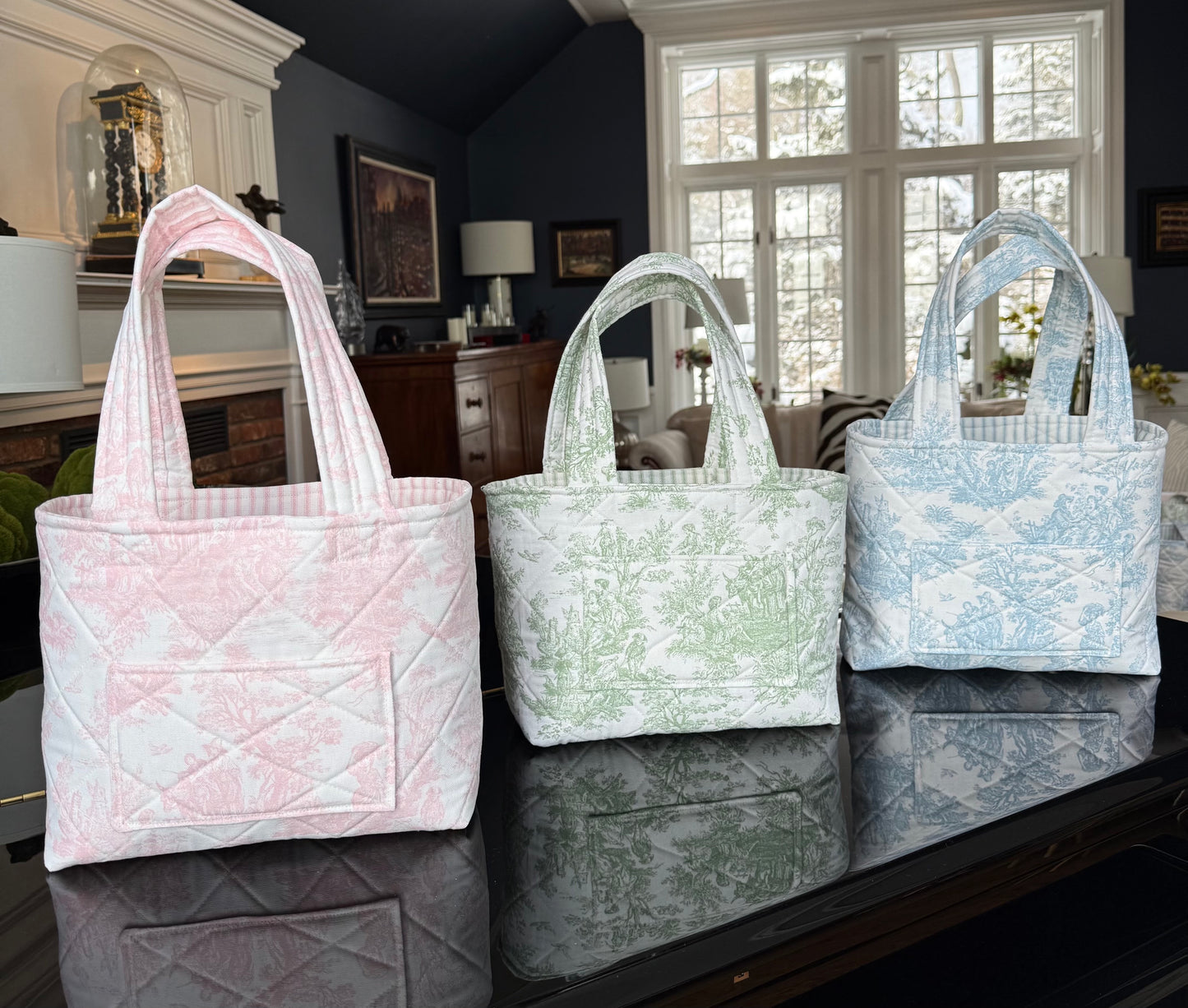 Toile de Jouy  and striped quilted Tote Bags.