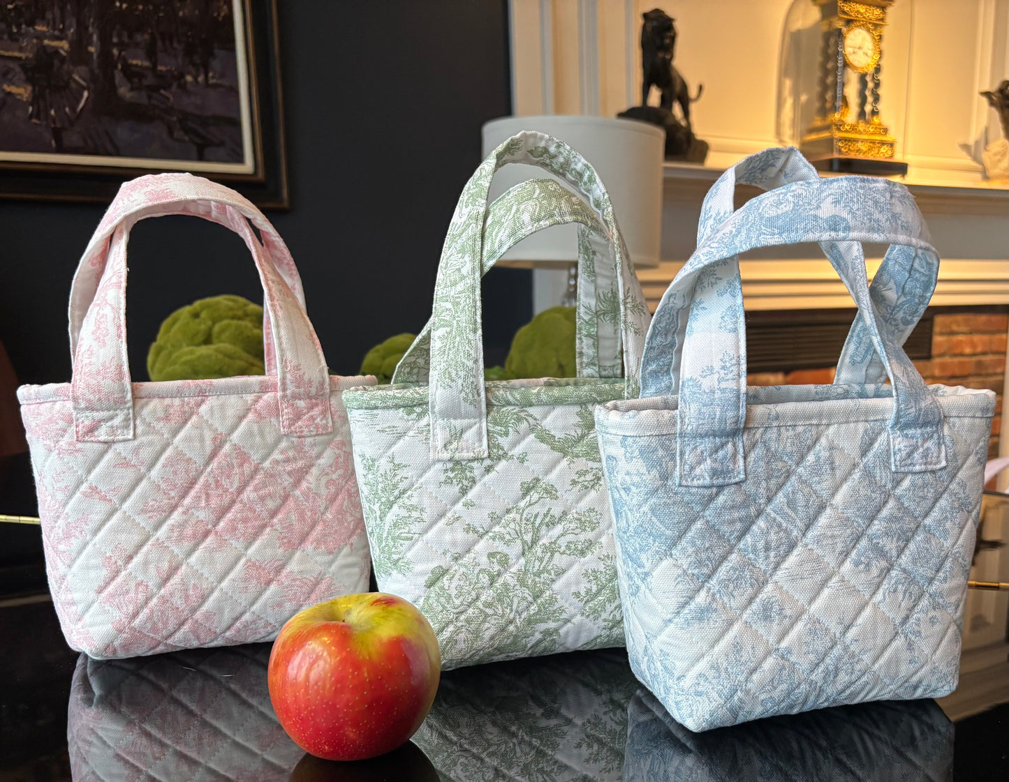 Toile de Jouy  and striped quilted Tote Bags.