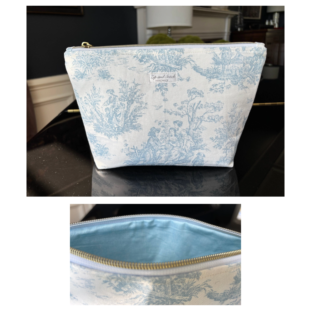Toile de Jouy box bottom pouches
