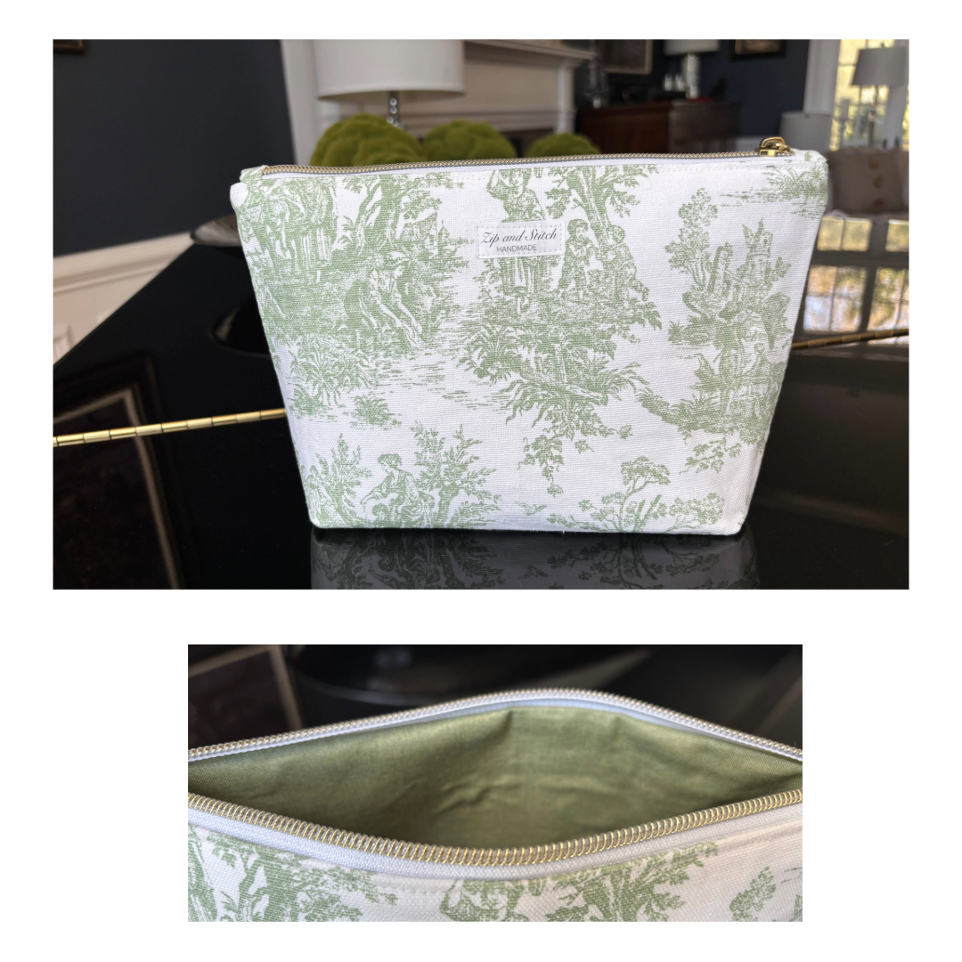 Toile de Jouy box bottom pouches