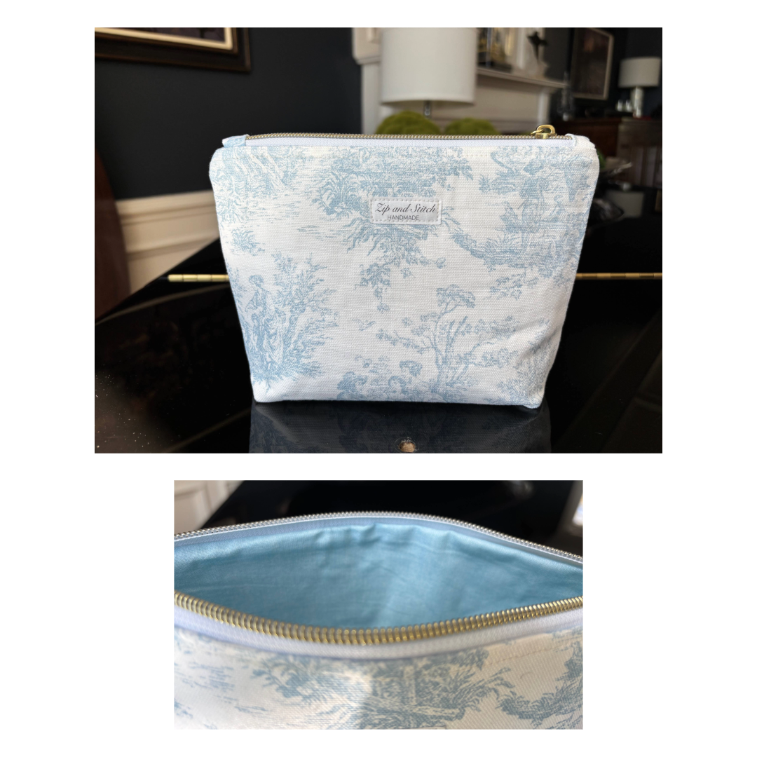 Toile de Jouy box bottom pouches