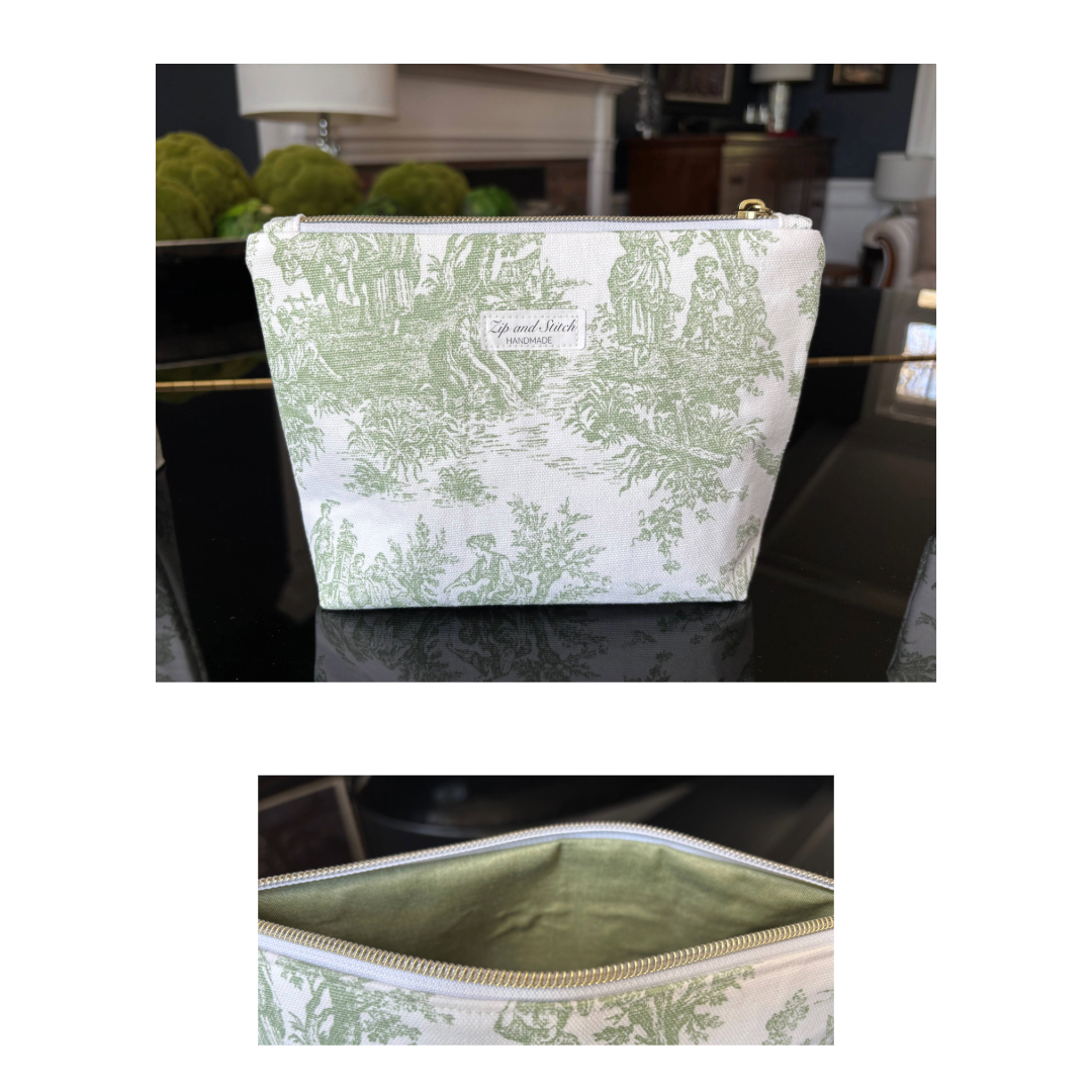 Toile de Jouy box bottom pouches