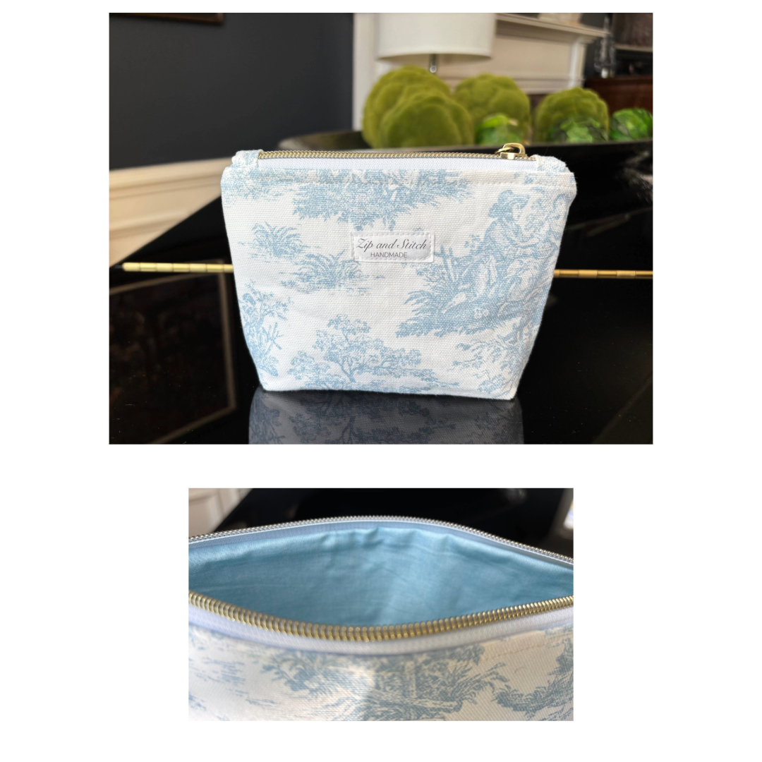 Toile de Jouy box bottom pouches