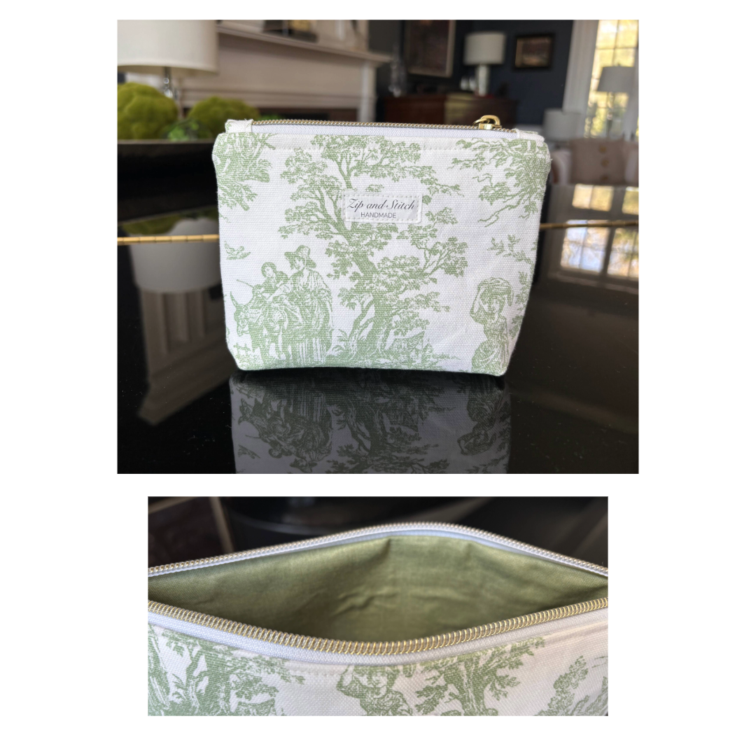 Toile de Jouy box bottom pouches