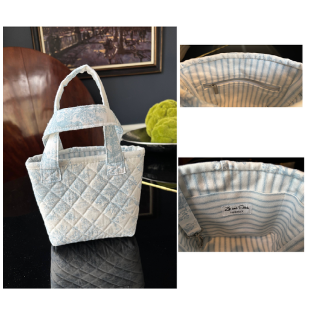 Toile de Jouy  and striped quilted Tote Bags.